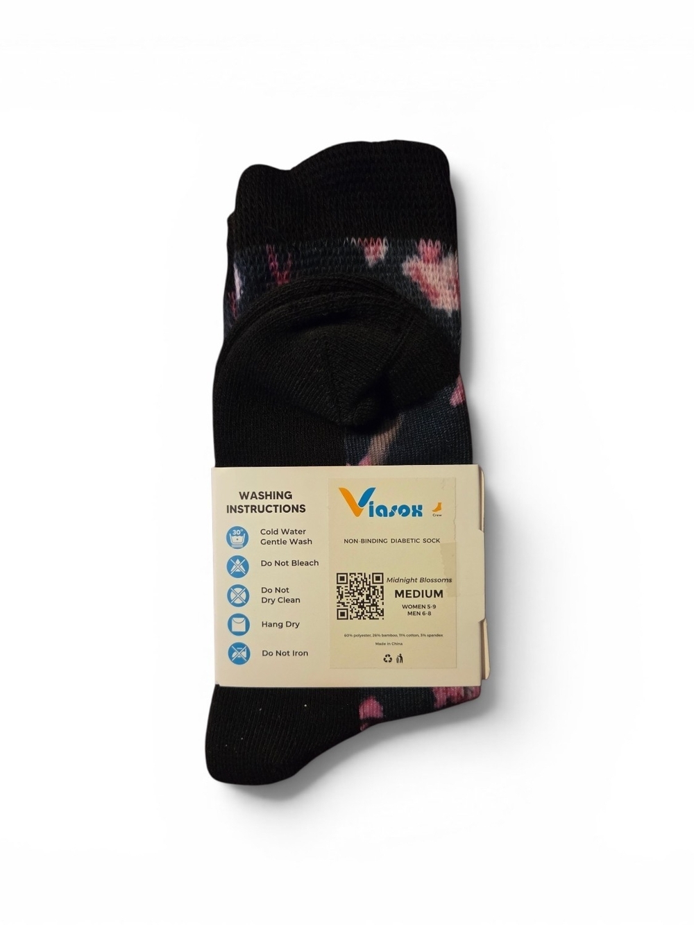 Men’s/women Black Floral Diabetic Socks - Medium